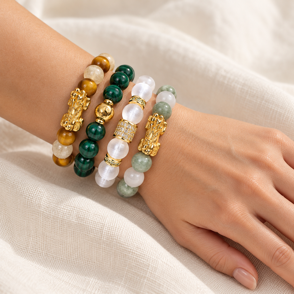 Burma Jade and Selenite bracelet with gold details